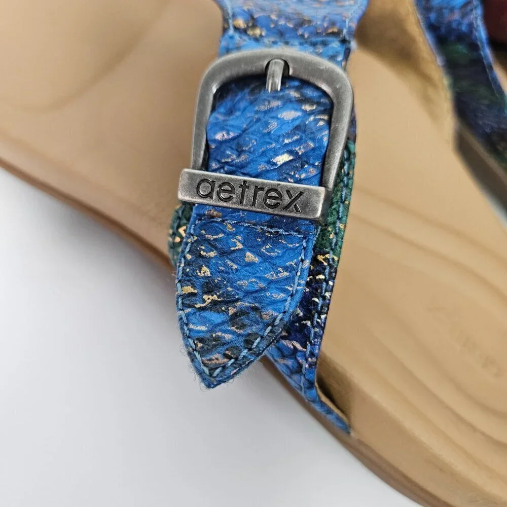 Aetrex Rita Blue Snake Embossed Faux Leather Band Comfort Flip Flop US 7.5-8.0